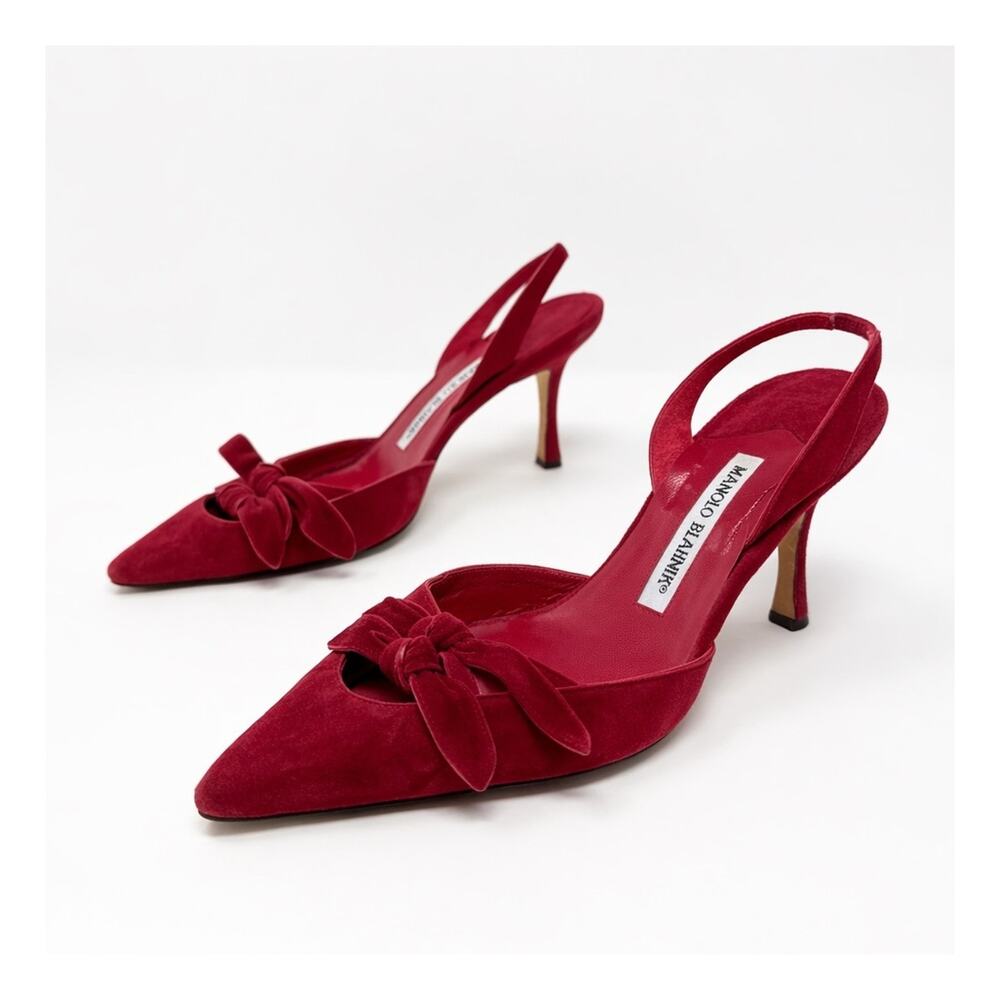 Manolo Blahnik Red Suede Bow Slingback Heels Womens Size EU 38
